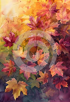 Vibrant Watercolor Painting of Cascading Autumn Leaves in Warm Hues photo