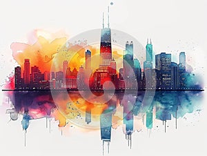 Vibrant watercolor painting of the Chicago skyline at sunset, with the Willis Tower prominently featured in the center