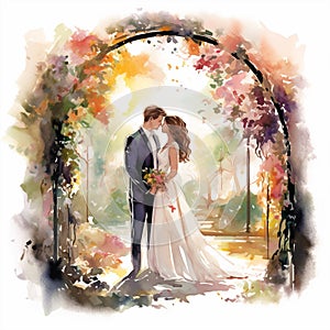 Vibrant Watercolor Painting of Couple Exchanging Vows in Garden Setting