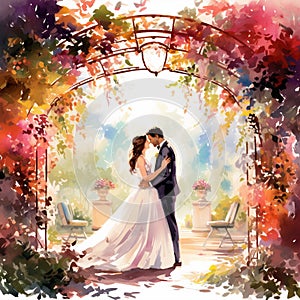 Vibrant Watercolor Painting of Couple Exchanging Vows in Garden Setting