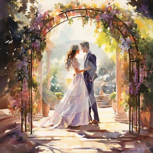 Vibrant Watercolor Painting of Couple Exchanging Vows in Garden Setting