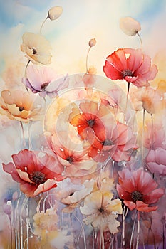 Vibrant watercolor painting of delicate poppy flowers in full bloom