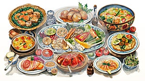 Vibrant watercolor painting of a diverse spread of traditional dishes, featuring seafood, vegetables, soups, and sauces, richly