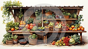 Vibrant watercolor painting of a farmers market stand with fresh organic produce on a rustic wooden background