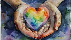 Vibrant Watercolor Painting of Hands Cradling a Rainbow Heart