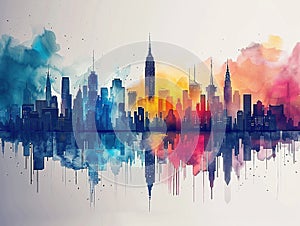 Vibrant watercolor painting of New York City skyline at sunset with blue and orange hues