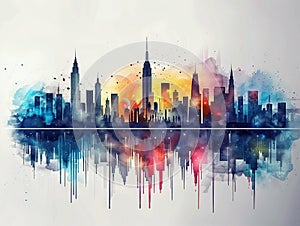 vibrant watercolor painting of new york city skyline at sunset with a reflection on the water below