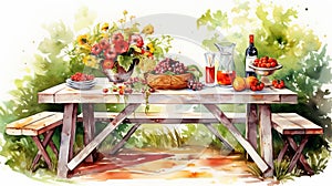 Vibrant Watercolor Painting Of A Picnic Table With Flowers And Fruits