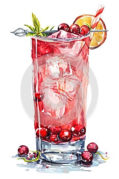 Vibrant Watercolor Painting of a Refreshing Cranberry Cocktail in a Glass