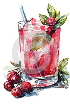 Vibrant Watercolor Painting of a Refreshing Cranberry Cocktail in a Glass