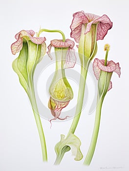 Vibrant Watercolor Painting of Sarracenia Leucophylla on White Canvas AI Generated