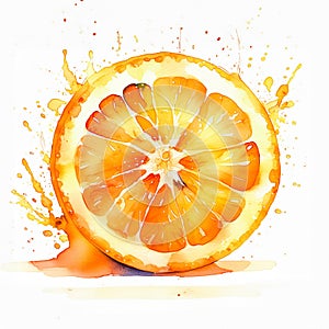 A vibrant watercolor painting of a sliced orange with splashes of color