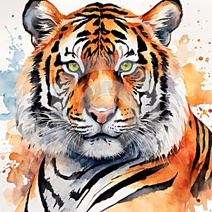 This is a vibrant watercolor painting of a tiger\'s face, showcasing intense and captivating details. AI generated