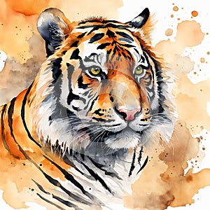 This is a vibrant watercolor painting of a tiger\'s face, showcasing intense and captivating details. AI generated