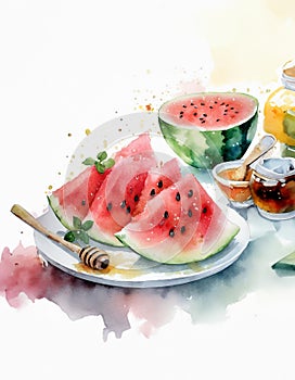 Vibrant watercolor painting of watermelon slices and a honey jar, exuding a summery vibe