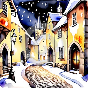 Vibrant watercolor painting of a winter night in a medieval town. Created with AI