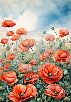 Vibrant watercolor poppies in a meadow landscape