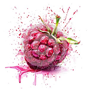 A vibrant watercolor raspberry bursts with color, its reds and pinks accented by splatters