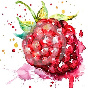 A vibrant watercolor raspberry bursts with color, its reds and pinks accented by splatters