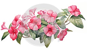 Vibrant Watercolor Rendering of Impatiens Psittacina on White Background AI Generated