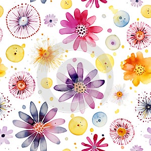 Vibrant watercolor seamless pattern with colorful abstract flowers and splashes isolated on white background