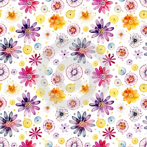 Vibrant watercolor seamless pattern with colorful abstract flowers and splashes isolated on white background