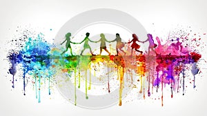 Vibrant watercolor silhouette of children holding hands.