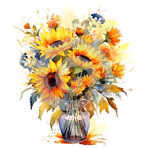 Vibrant Watercolor Sunflower Bouquet In Vase Illustration