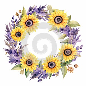 Vibrant Watercolor Sunflower And Lavender Wreath Illustration