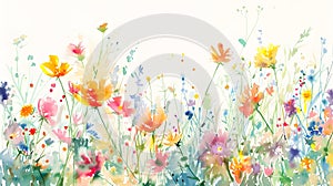 Vibrant Watercolor Wildflower Field with Minimalist Gestural Botanical Blooms in Harmonious Color Scheme photo