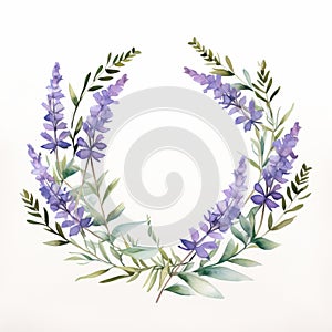 Vibrant Watercolor Wreath Of Lavender Flowers Detailed Foliage Design