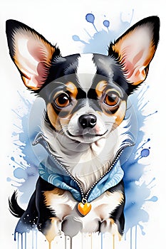 A vibrant watercolornpainting of chihuahua dog, cute, adorable, shimmering eyes, perky ears, white background, animal art