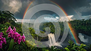 Stunning Waterfall and Double Rainbow in Lush Rainforest