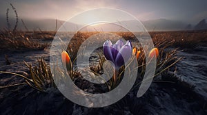 Vibrant Wetland With Crocus Flowers At Sunrise In The Style Of Michal Karcz And Felicia Simion