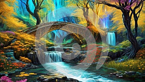 A Vibrant, Whimsical Fantasy Painting Depicting Vibrant Jewel-Toned Colorful Enchanted Fantasy Forest with Footbridge, Waterfall,