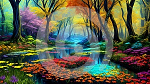 A Vibrant, Whimsical Fantasy Painting Depicting Vibrant Jewel-Toned Colorful Enchanted Fantasy Forest with a River and Lavish