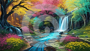 A Vibrant, Whimsical Fantasy Painting Depicting Vibrant Jewel-Toned Colorful Enchanted Fantasy Forest with a Waterfall, River, and