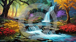 A Vibrant, Whimsical Fantasy Painting Depicting Vibrant Jewel-Toned Colorful Enchanted Fantasy Forest with a Waterfall, River, and