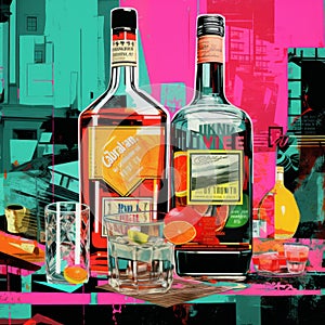 Vibrant Whiskey Bottle Advertisement Illustration In Fauvist Style