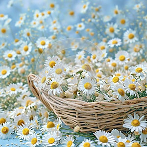 The vibrant white and yellow chamomile flowers, nestled in a rustic basket on blues background, evoke a feeling of