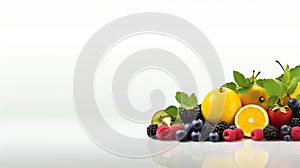 Vibrant whole fruits composition on white background - space for text or graphics