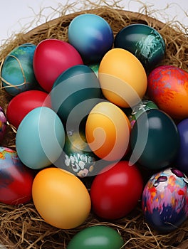 Vibrant wicker basket with colorful easter eggs
