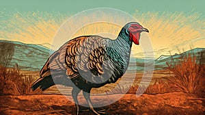 Vibrant Wild Turkey Illustration On Rough Landscape