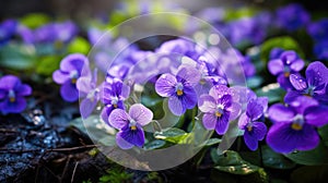 Vibrant Wild Violets in a Lush Forest Setting