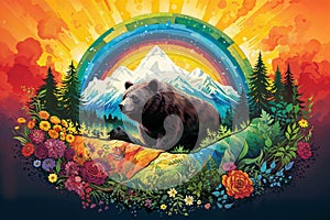 Vibrant wilderness bear and mountain scene