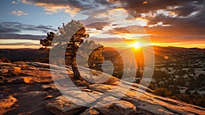 Vibrant Wilderness Landscape: God Rays, Bold Lines, And Silhouette Lighting photo