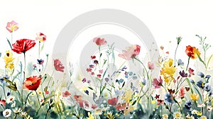Vibrant Wildflower Meadow Watercolor with Flowing Floral Details and Copyspace photo
