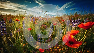 Vibrant wildflowers bloom in tranquil meadow at dusk generated by AI