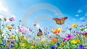 Vibrant wildflowers and butterflies under a bright blue sky. Nature's beauty in full bloom. Ideal for spring and