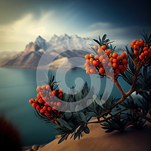 Vibrant Wildland Scene of Sea Buckthorn Berries, Made with Generative AI